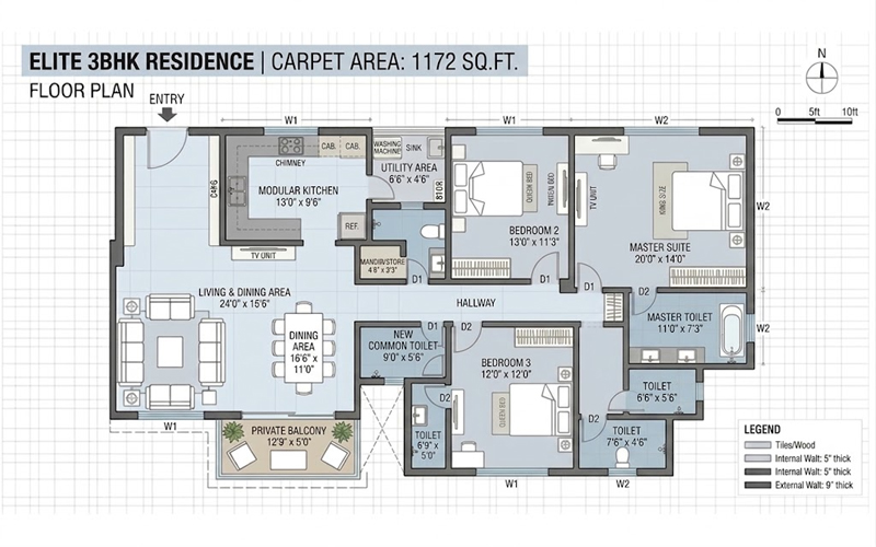 Raheja Skylight 3 BHK Elite floor plan - 1172 sq.ft. carpet area