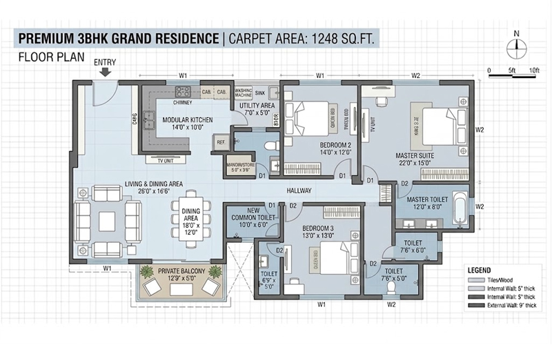 Raheja Skylight 3 BHK Grand floor plan - 1248 sq.ft. carpet area
