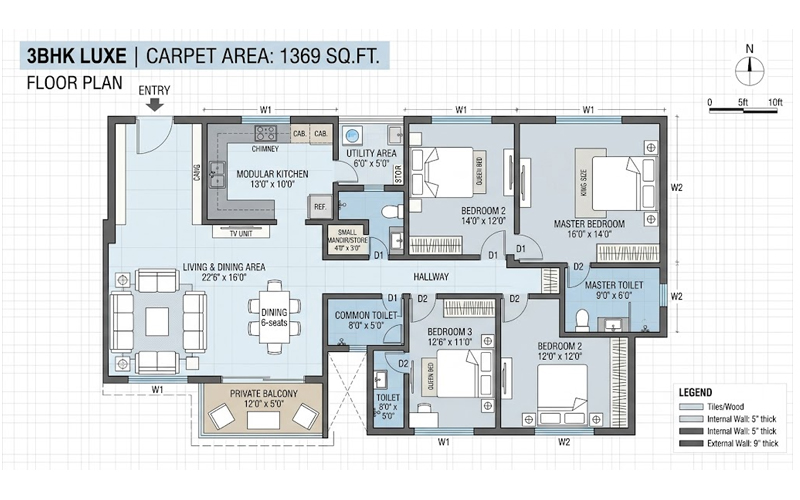 Raheja Skylight 3 BHK Luxe floor plan - 1369 sq.ft. carpet area