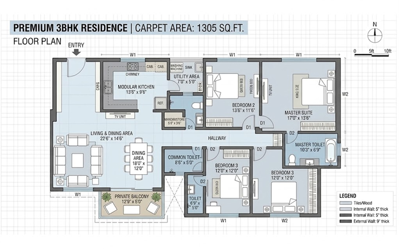 Raheja Skylight 3 BHK Premium floor plan - 1305 sq.ft. carpet area