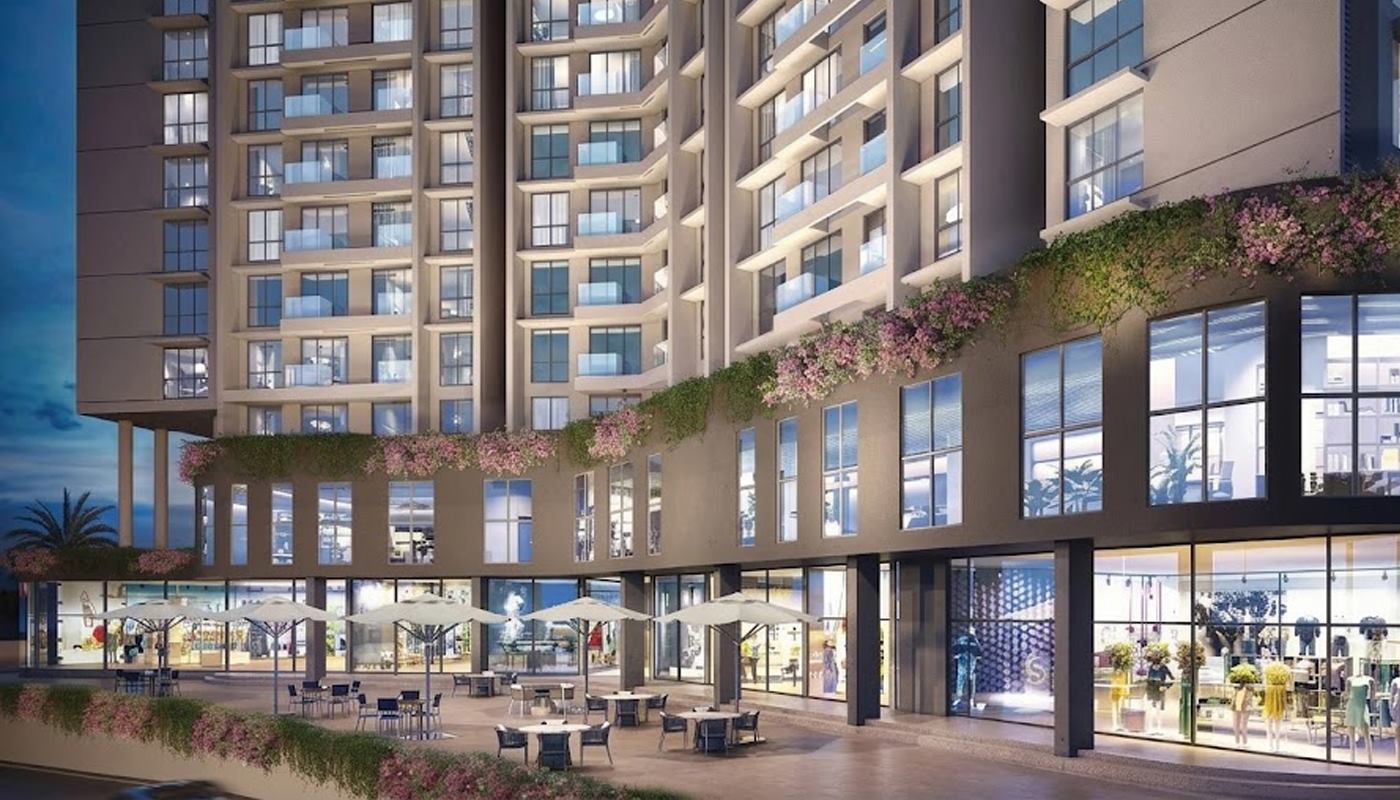Raheja Skylight Lokhandwala Complex Andheri West Mumbai - podium level promenade at dusk